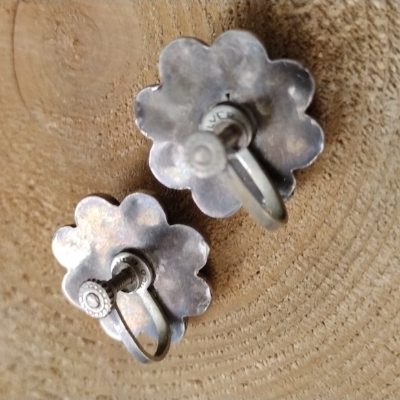 c'30s-'40s S'Western Sterling Silver Turquoise Flower Screwback Earrings VINTAGE - Picture 6 of 10